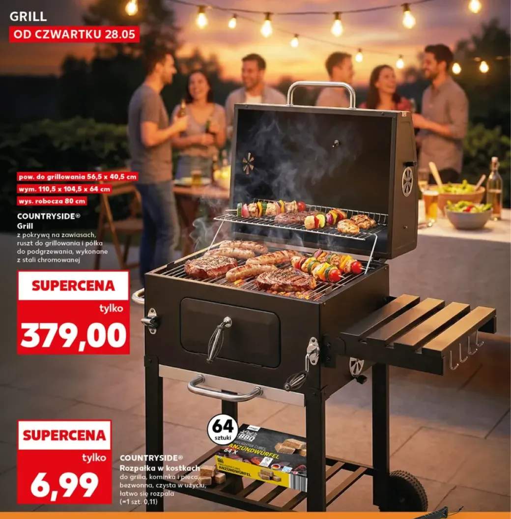 Grill COUNTRYSIDE z pokrywą na zawiasach ruszt do grillowania i półka do podgrzewania wykonane z stali chromowanej pow. do grillowania 56,5x40,5cm wym. 110,5x104,5x64cm wys. robocza 80cm