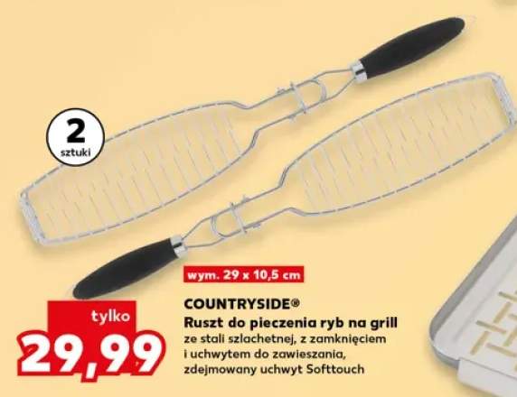 Ruszt do pieczenia ryb na grill COUNTRYSIDE 2-pak wym. 29x10,5cm ze stali szlachetnej z zamknięciem i uchwytem do zawieszania zdejmowany uchwyt Softtouch