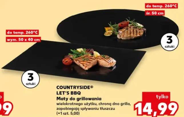 Maty do grillowania COUNTRYSIDE LET'S BBQ 3-pak do temp. 260°C śr. 50cm wielokrotnego użytku chronią dno grilla zapobiegają spływaniu tłuszczu