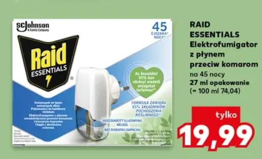 Elektrofumigator z płynem przeciw komarom na 45 nocy Raid Essentials