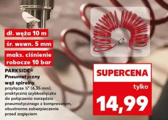 Pneumatyczny wąż spiralny PARKSIDE dł. węża 10m śr. wewn. 5mm maks. ciśnienie robocze 10 bar