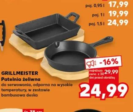 Patelnia żeliwna GRILLMEISTER do serwowania odporna na wysokie temperatury w zestawie bambusowa deska