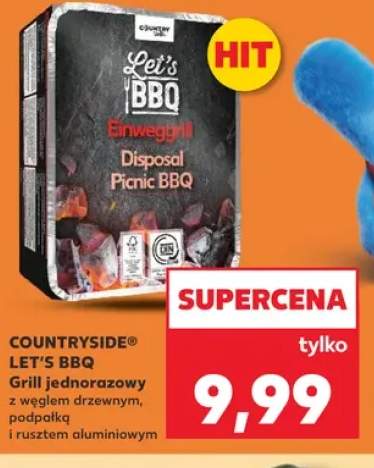 Grill jednorazowy z węglem drzewnym, podpałką i rusztem aluminiowym COUNTRYSIDE LET'S BBQ