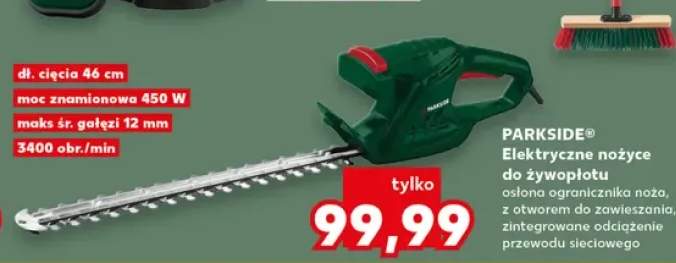 Elektryczne nożyce do żywopłotu PARKSIDE osłona ogranicznika noża, z otworem do zawieszania, zintegrowane odciążenie przewodu sieciowego dł. cięcia 46cm moc znamionowa 450W maks śr. gałęzi 12mm 3400 obr./min