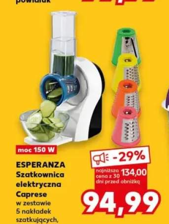 Szatkownica elektryczna Caprese Esperanza moc 150W w zestawie 5 nakładek szatkujących, kompaktowy rozmiar