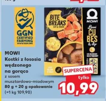 Kostki z łososia wędzonego na gorąco z sosem musztardowo-miodowym Mowi Bite Breaks