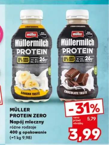Napój mleczny Müller Müllermilch Protein Zero o smaku bananowym +1 wariant