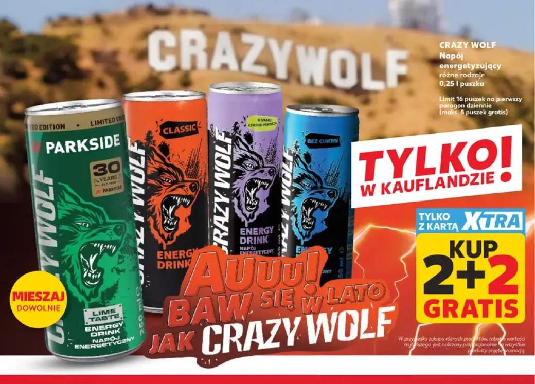 Napój energetyzujący Crazy Wolf Parkside o smaku limonki +3 warianty