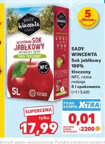 Sok jabłkowy 100% tłoczony NFC Sady Wincenta