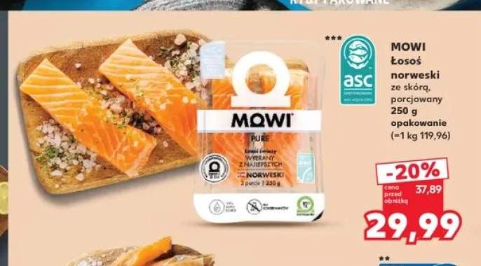 Łosoś norweski ze skórą porcjowany Mowi