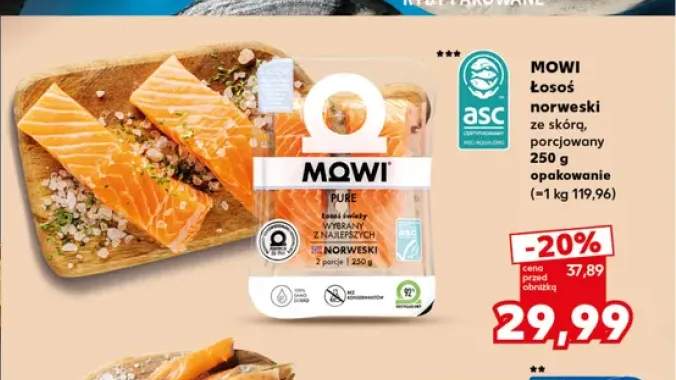 Łosoś norweski ze skórą porcjowany Mowi