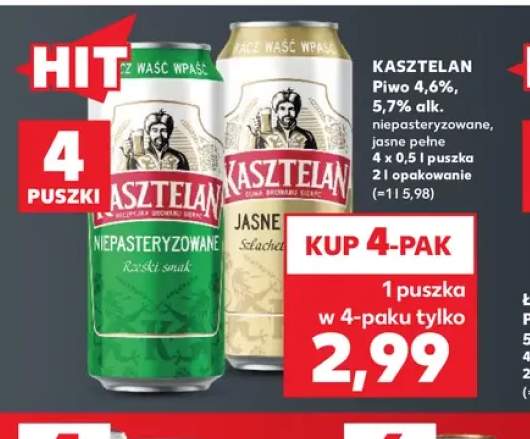 Piwo Kasztelan niepasteryzowane 4,6% 4-pak 500 ml +1 wariant