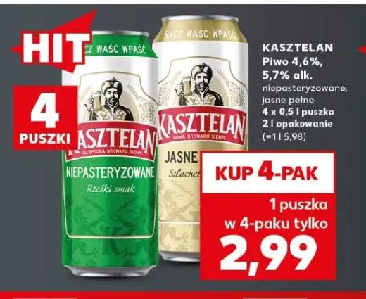Piwo Kasztelan niepasteryzowane 4,6% 4-pak +1 wariant