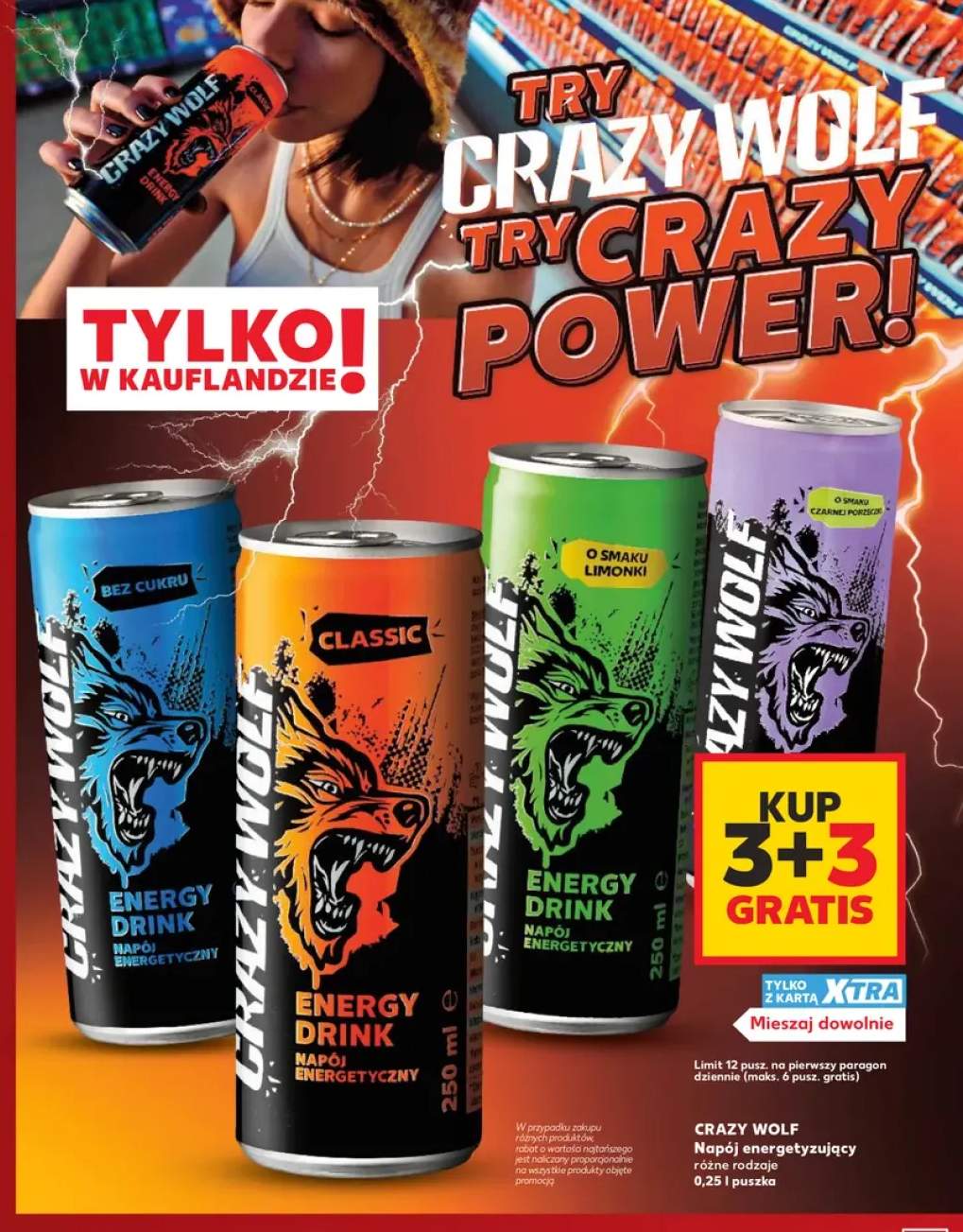 Napój energetyzujący bez cukru Crazy Wolf +3 warianty